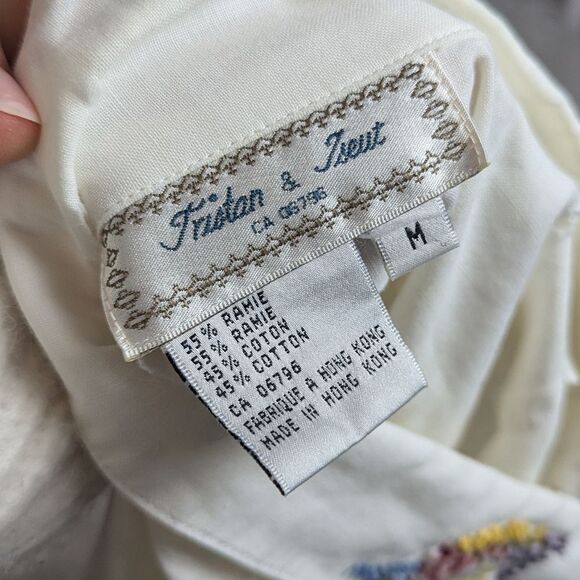 Vintage Tristan & Iseut White Rami Shirt – Floral Embroidered Collar – Size M Ov - Picture 8 of 10